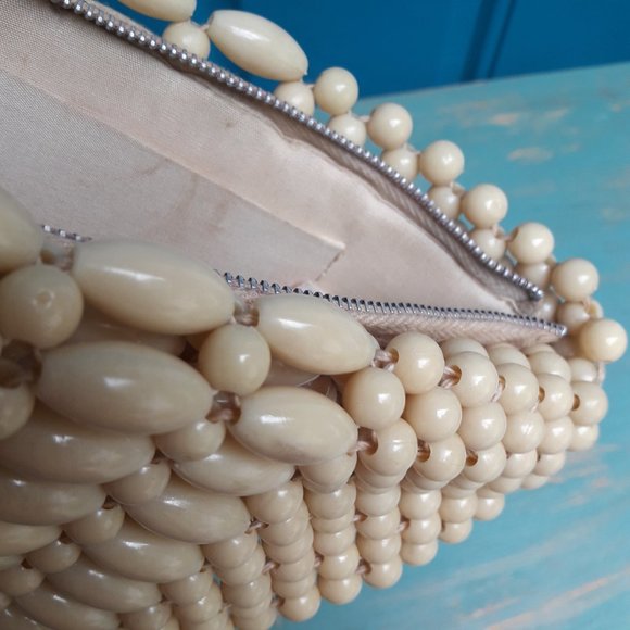 Vintage Beaded Clutch Bag Mini Zipper Closure Creamy Beige Round Oval Beads - Picture 5 of 12